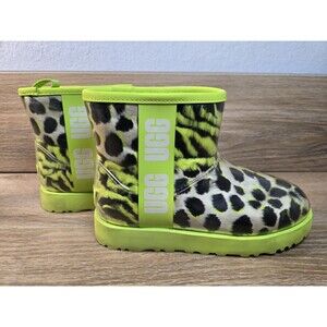 Ugg Waterproof Neon Green Clear Leopard Print‎ Mini Boots Women’s Sz 6